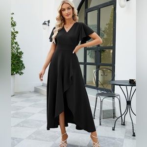 Long Black Formal Dress Cocktail Dress Split Elegant V Neck Wrap Ruffle